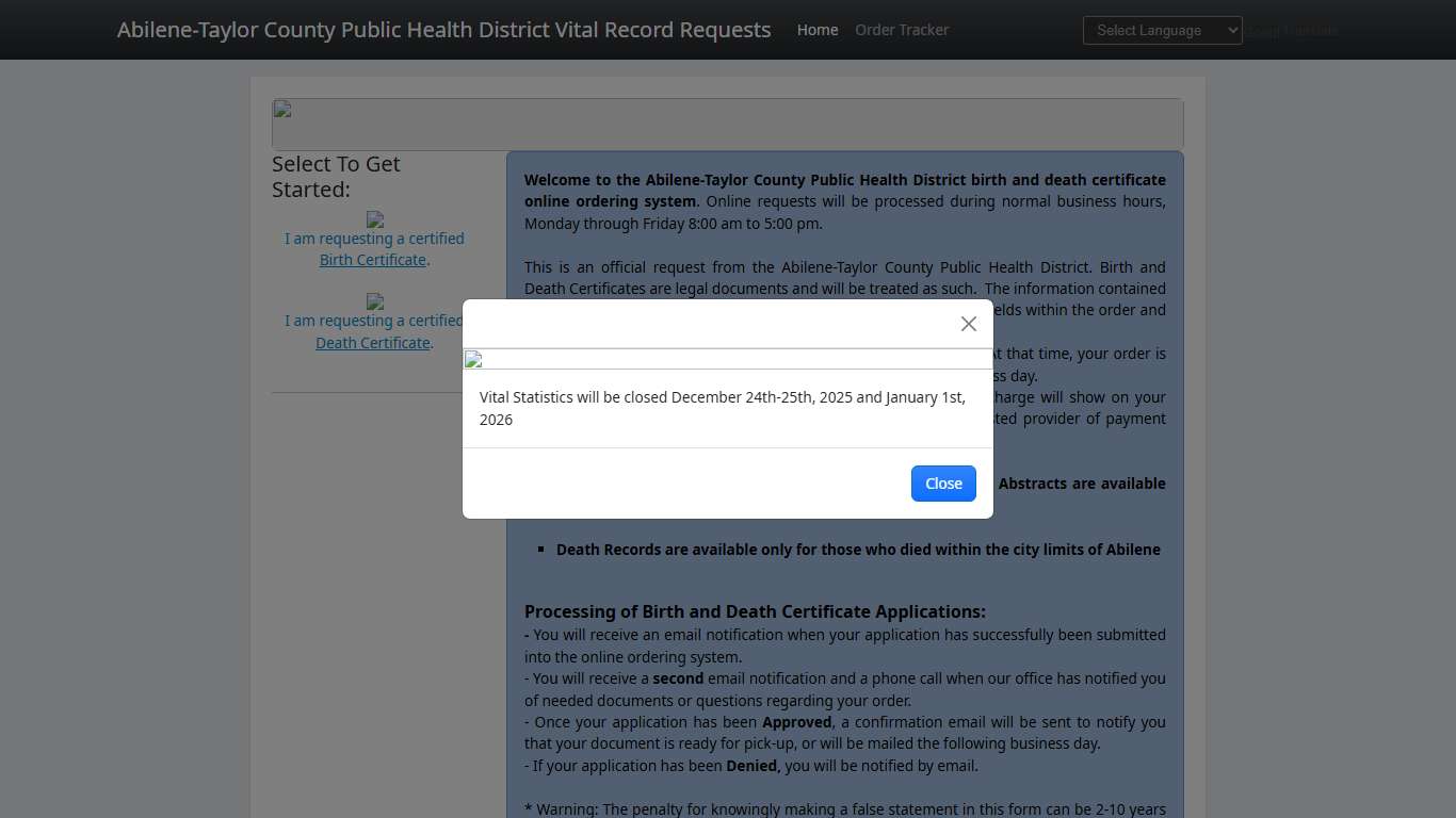 Abilene-Taylor County Public Health District Birth and Death Certificate Requests